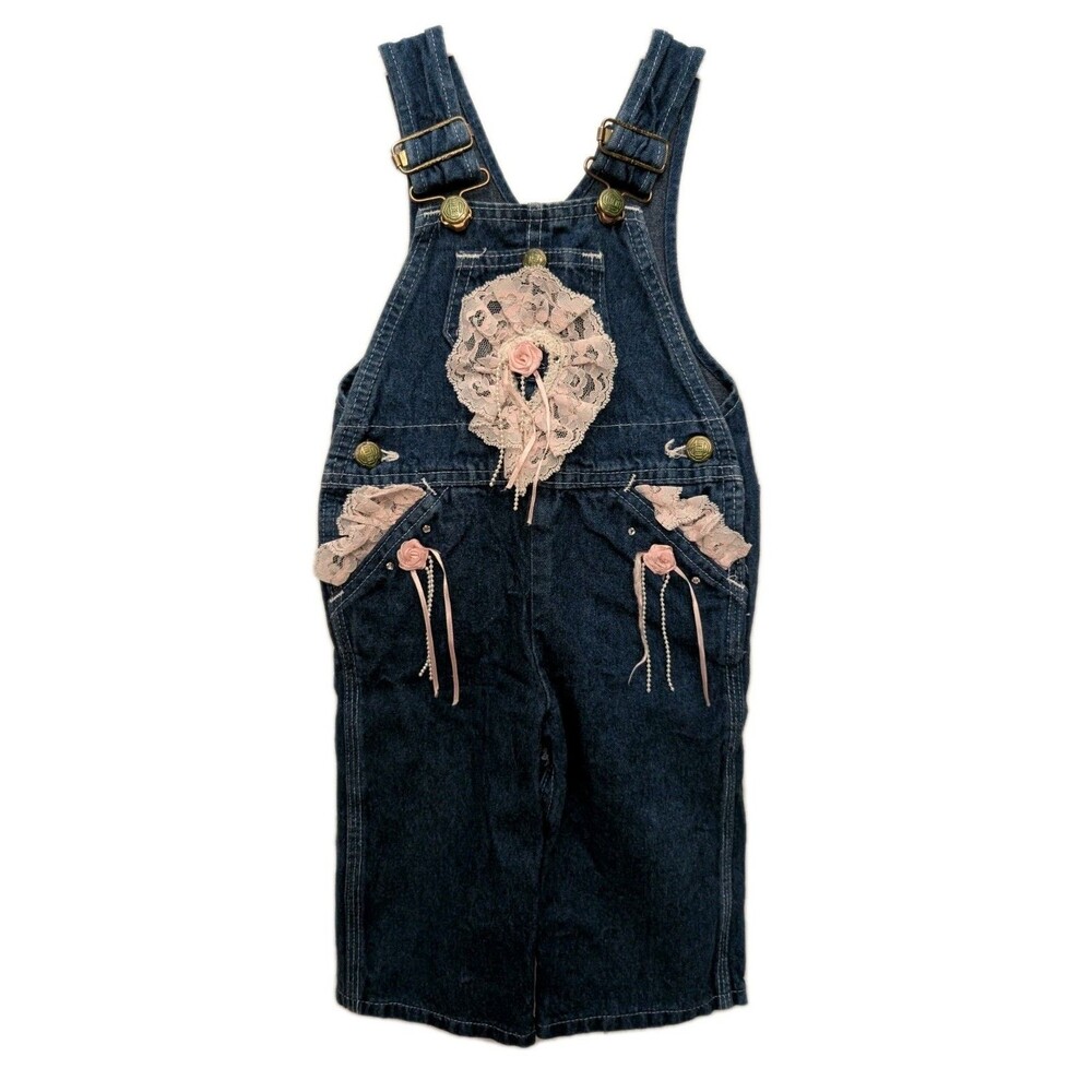 Vintage Anru Denim Overalls Pink Ribbon Lace Applique Size 12 Months 100% Cotton